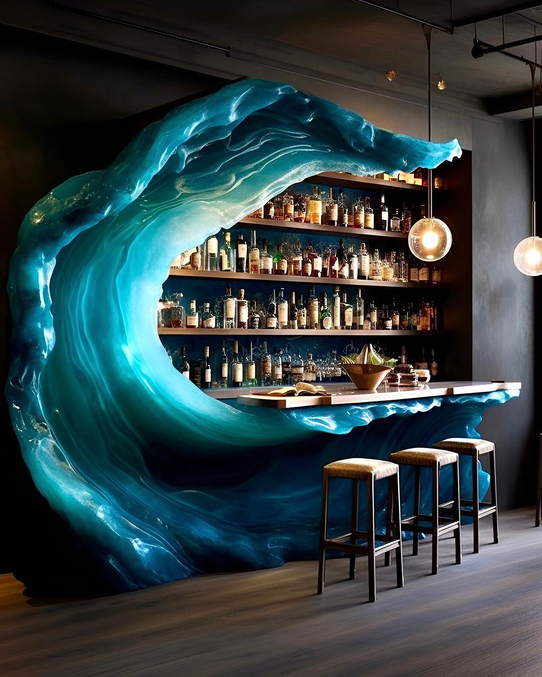 The Bar Counter is Influenced by the Dynamic and Contemporary Vibes of the Ocean