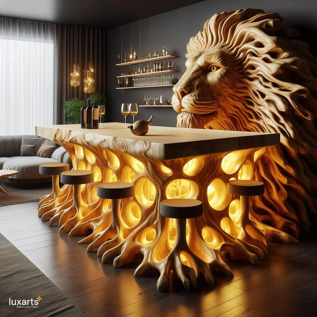 Roar of Elegance: Natural Wood and Epoxy Lion Shaped Kitchen Island Bar luxarts wood epoxy lion kitchen bar 6 jpg