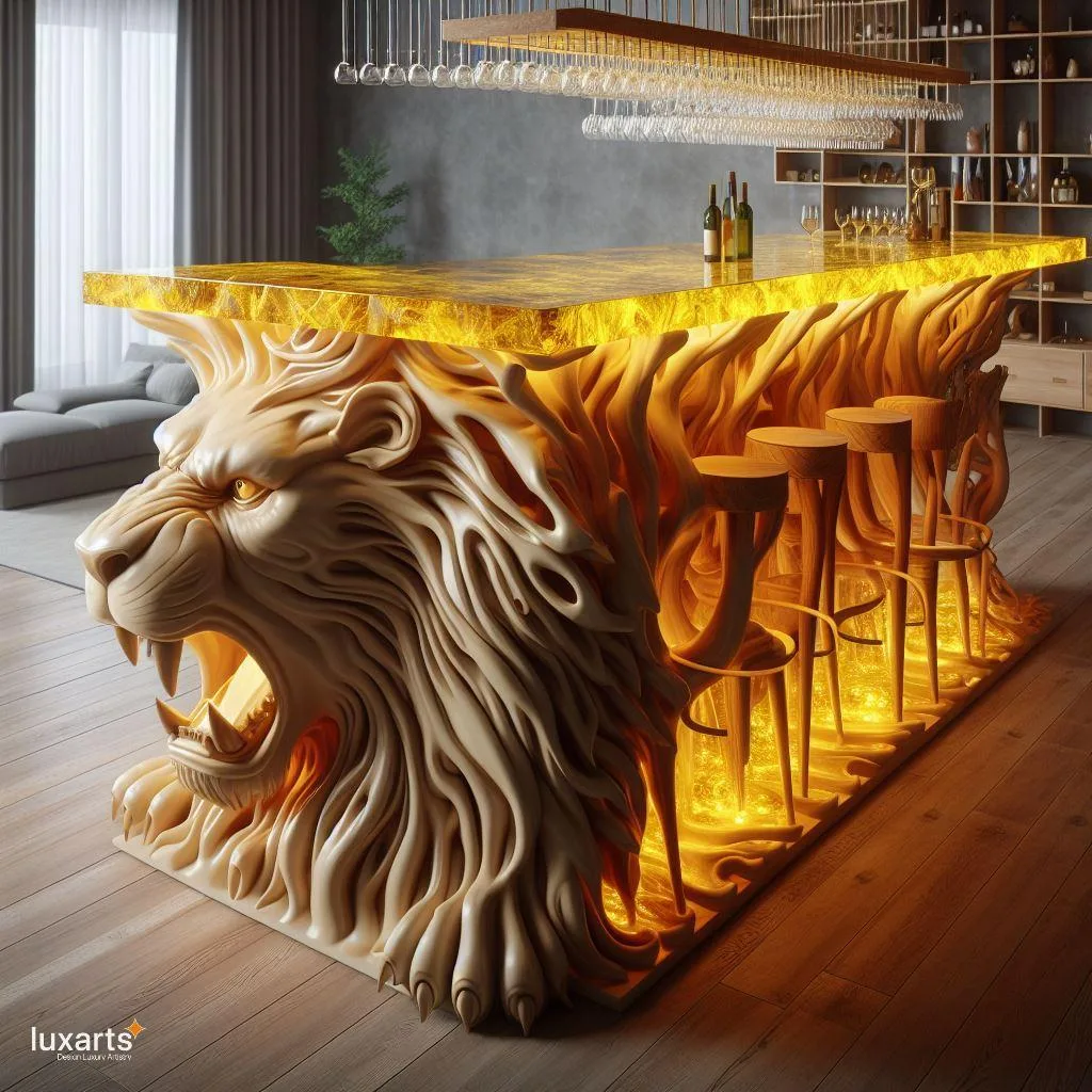 Roar of Elegance: Natural Wood and Epoxy Lion Shaped Kitchen Island Bar luxarts wood epoxy lion kitchen bar 9 jpg
