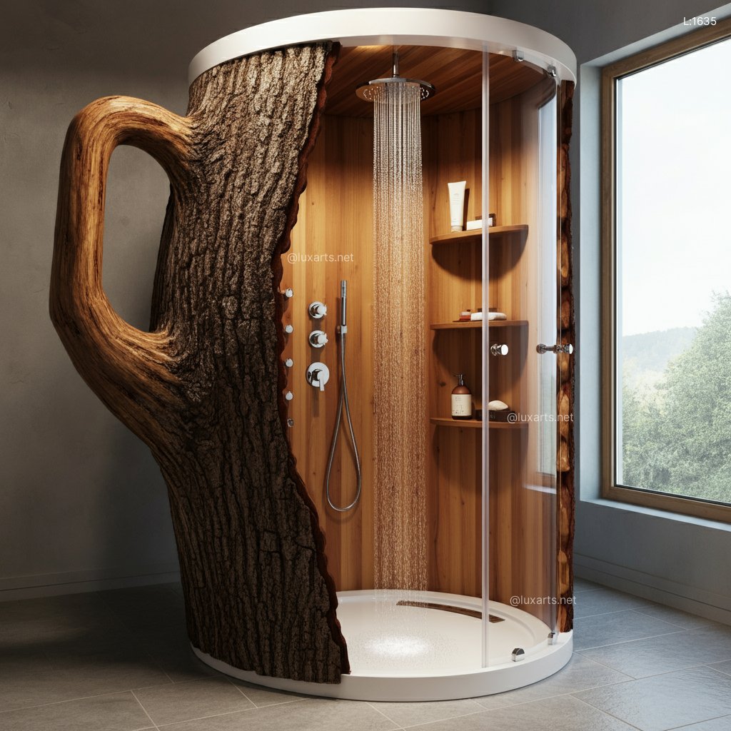 Natural Tree Trunk Shower Shaped Like a Teapot: Unique & Creative Bathroom Design natural tree trunk shower shaped like a teapot 2