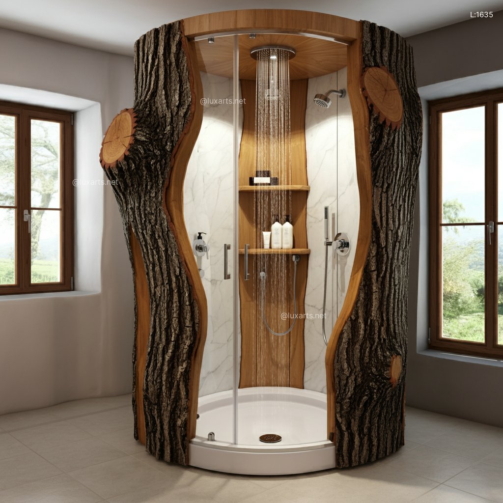 Natural Tree Trunk Shower Shaped Like a Teapot: Unique & Creative Bathroom Design natural tree trunk shower shaped like a teapot 3