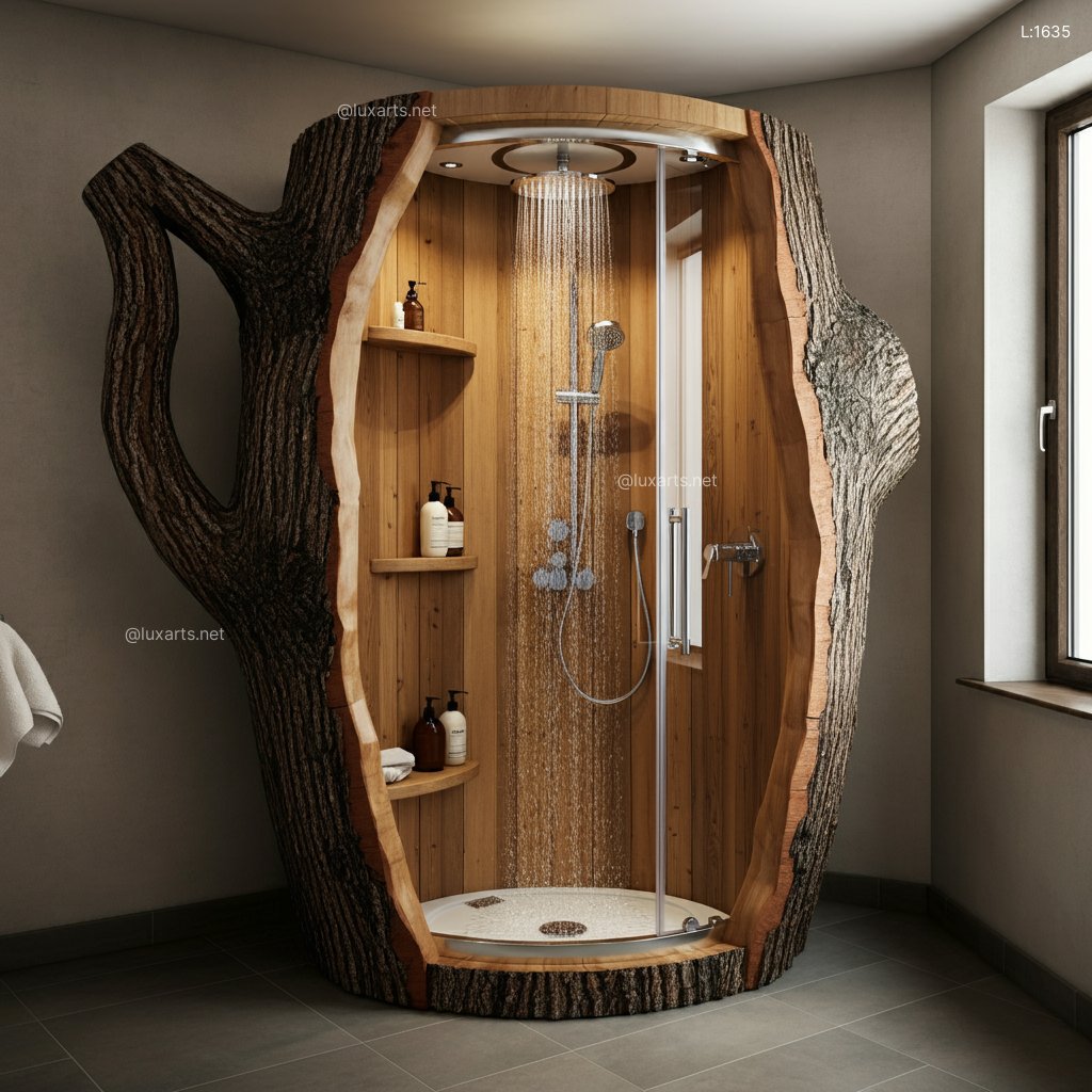 Natural Tree Trunk Shower Shaped Like a Teapot: Unique & Creative Bathroom Design natural tree trunk shower shaped like a teapot 4