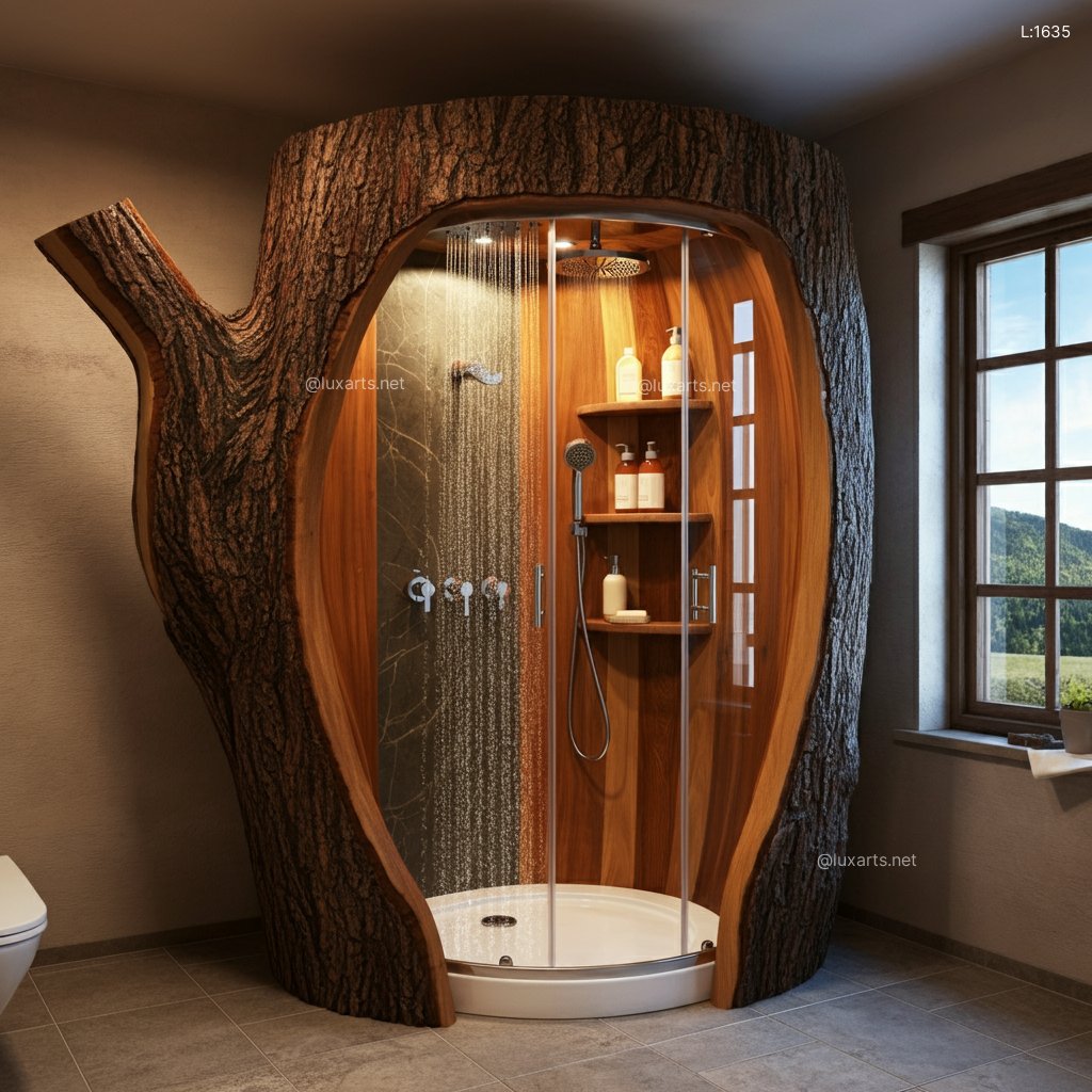 Natural Tree Trunk Shower Shaped Like a Teapot: Unique & Creative Bathroom Design natural tree trunk shower shaped like a teapot 6