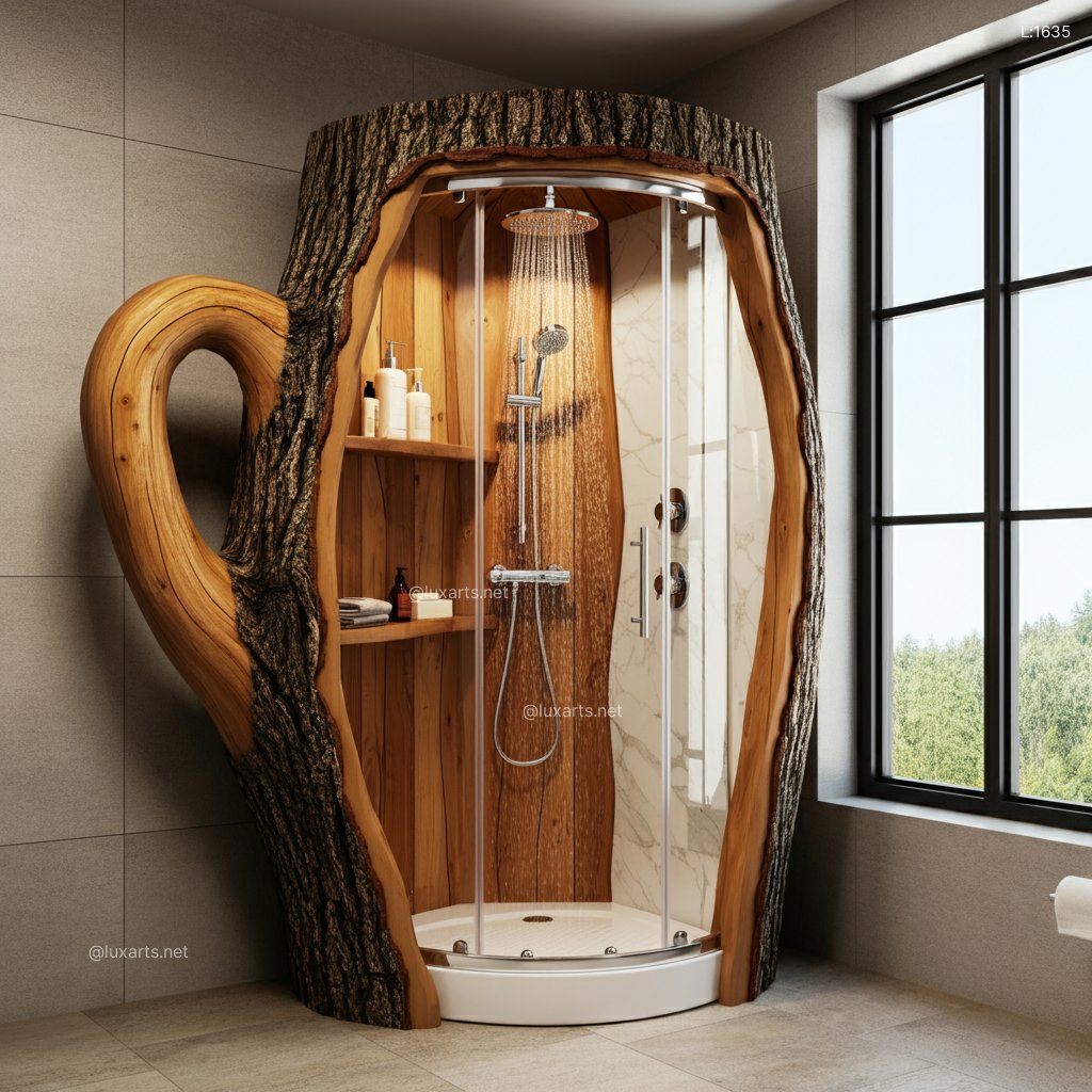 Natural Tree Trunk Shower Shaped Like a Teapot: Unique & Creative Bathroom Design natural tree trunk shower shaped like a teapot 8