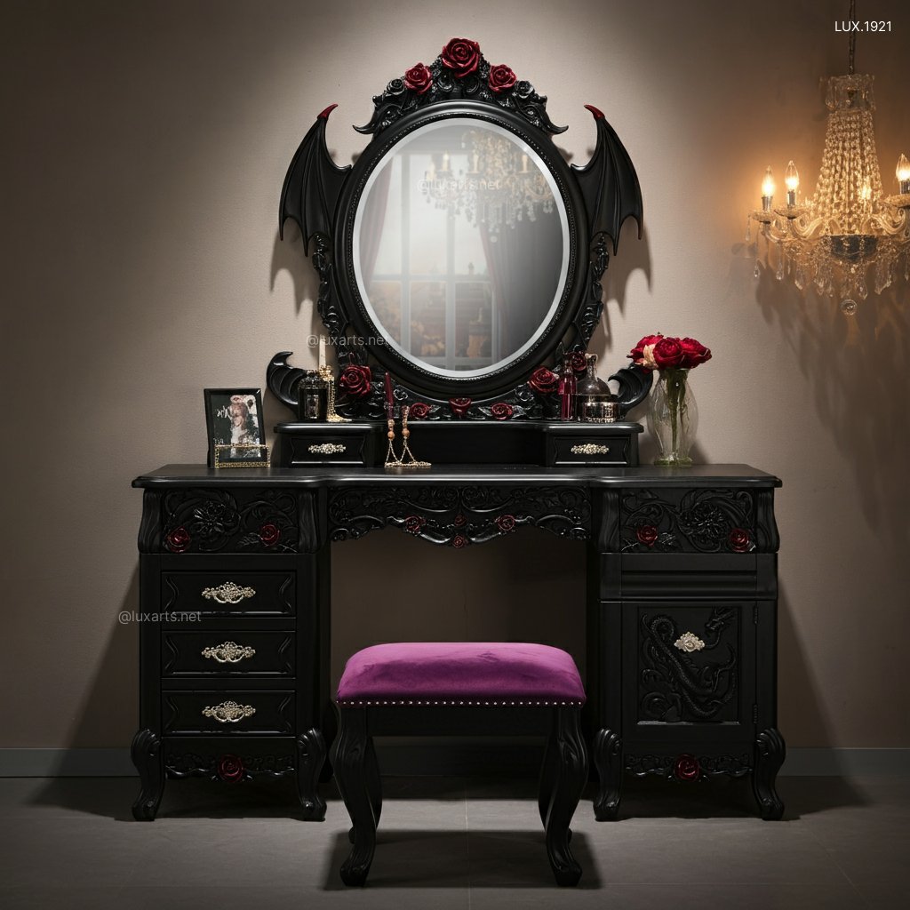 Gothic-Style Vanity Table with Dragon Wings | A Dark, Elegant Design for Your Space gothic style vanity table with dragon wings 5