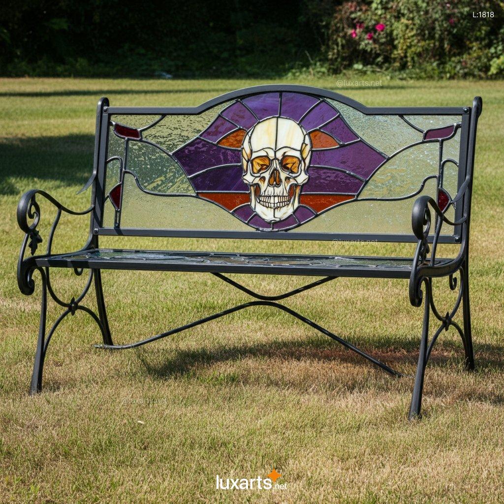 Stained Glass Skull Design Bench: Unique Handmade Gothic Home Decor stained glass skull design bench 3