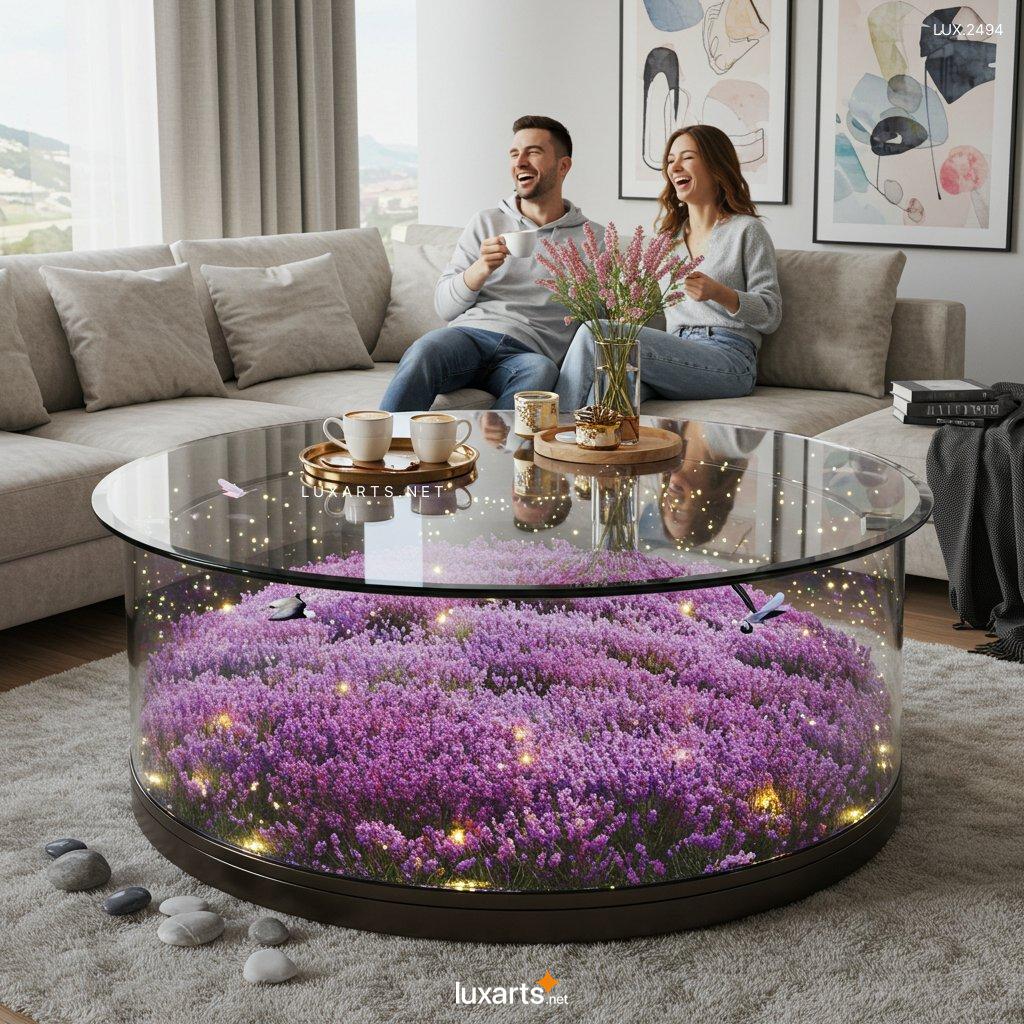 LUX.2494	Elevate Your Living Room with a Stunning Flower Hill Inside Glass Coffee Table flower hill scene coffee tables 5