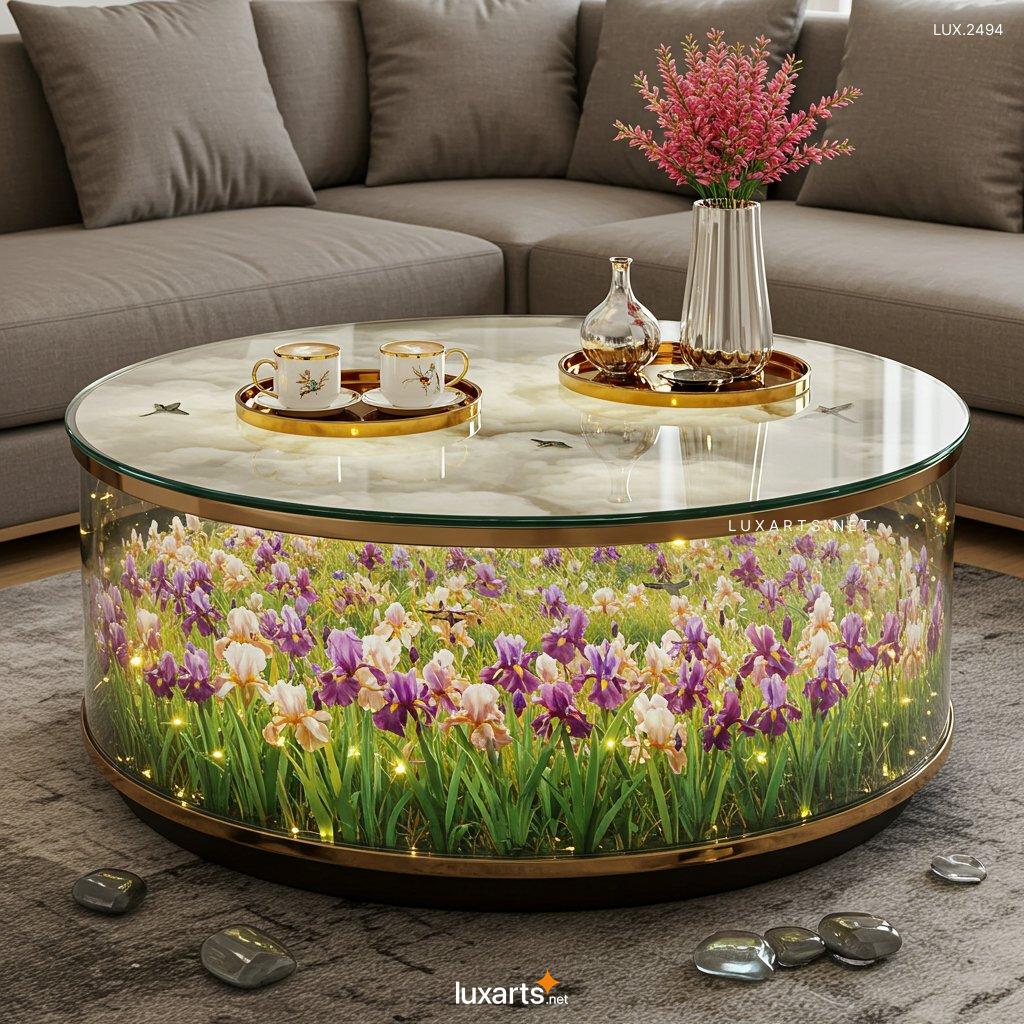 LUX.2494	Elevate Your Living Room with a Stunning Flower Hill Inside Glass Coffee Table flower hill scene coffee tables 7