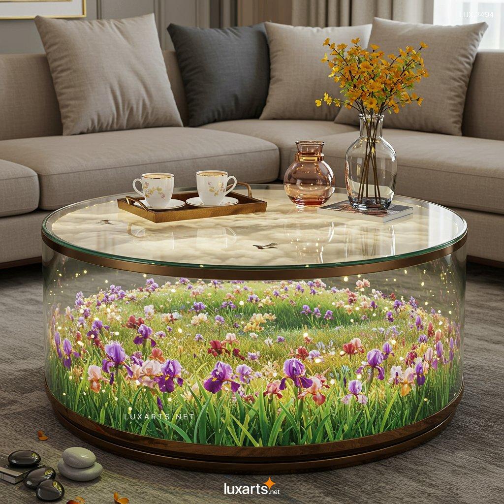 LUX.2494	Elevate Your Living Room with a Stunning Flower Hill Inside Glass Coffee Table flower hill scene coffee tables 8