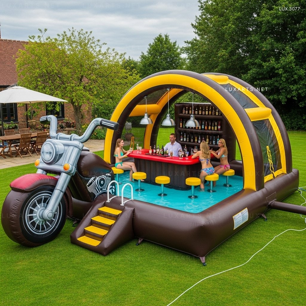 Inflatable Harley Pool with Built-in Bar – Great for Pool Parties & Relaxation inflatable harley pool built in bar 2