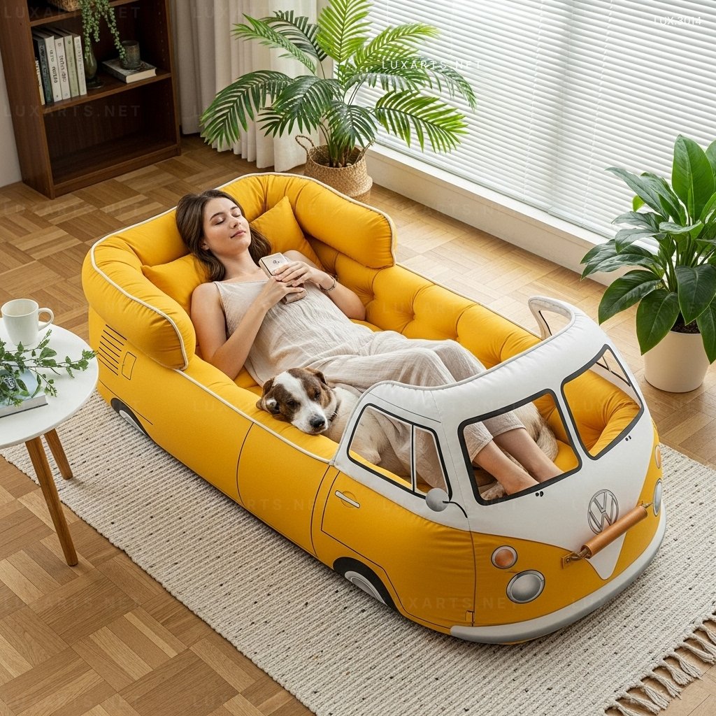 VW Bus Shaped Human Dog Bed – Cozy Oversized Bed for Humans & Dogs vw bus human dog bed 2