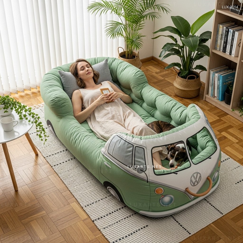 VW Bus Shaped Human Dog Bed – Cozy Oversized Bed for Humans & Dogs vw bus human dog bed 5