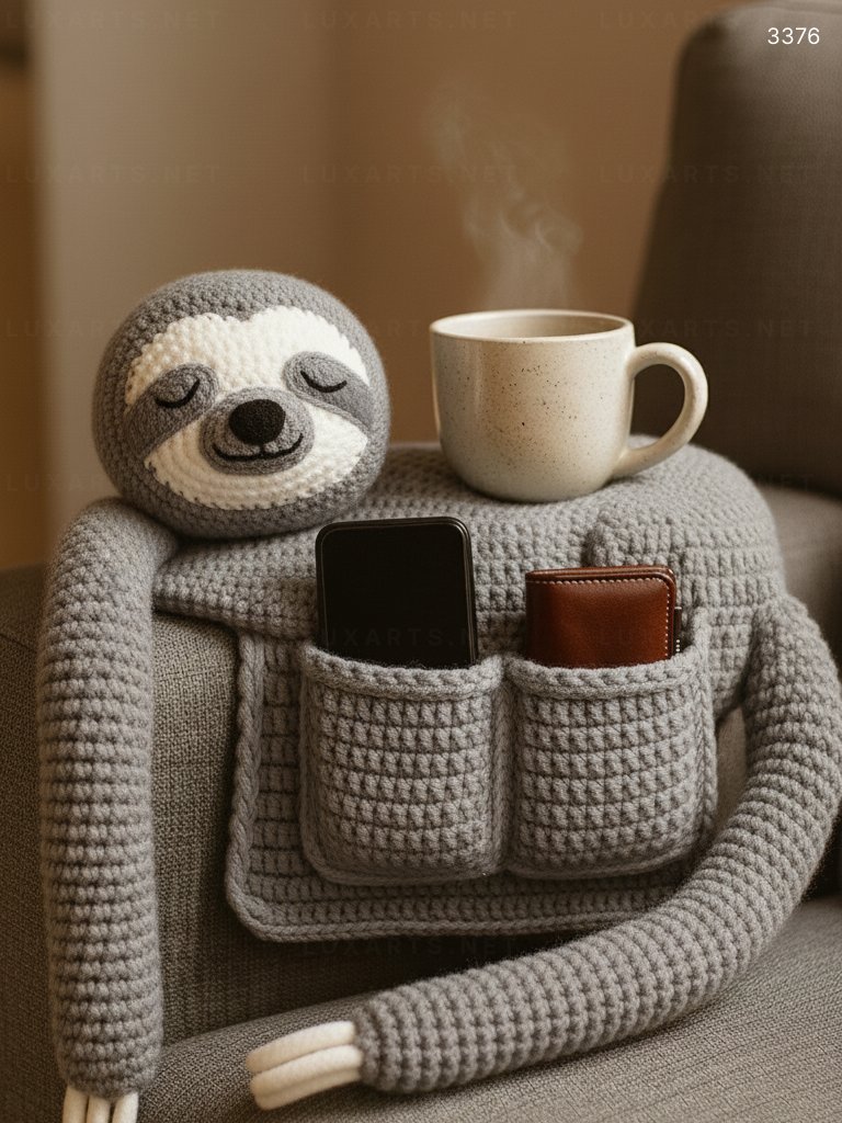 Crocheted Sloth Sofa Organizer: A Charming and Functional Addition to Your Living Space 3376 crocheted sloth sofa organizer 11
