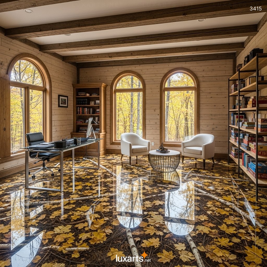 Leaves and Birch Branch Epoxy Floor: Unique Natural Design with Embedded Logs & Autumn Foliage 3415 leaves and birch branch epoxy floor 15