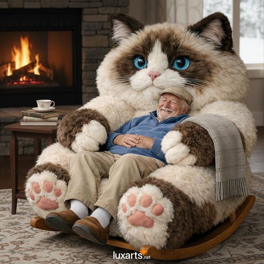 Cat Shaped Rocking Chair Big Fluffy Pet-Themed Seat - Cozy Furry Lounger for Living Room 3552 cat shaped rocking chair