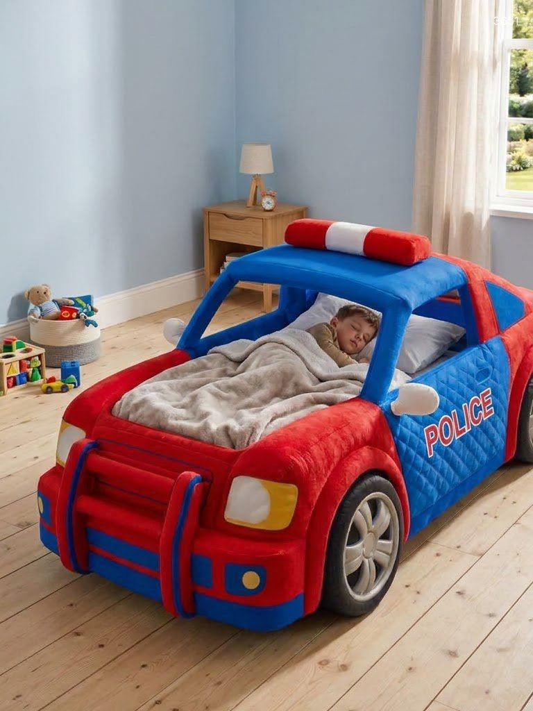 Police Car Shaped Kids Beds | Plush Toddler Car Bed for Kids 3651 inflatable police car kids beds 20260810 12